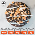 Introducing the Buffin Muffin: a chocolate-covered donut topped with white drizzle and crumbs, uniquely crafted with no added sugar. Nutrition highlights include 460 calories, 25g protein, 54g carbs, 16g fat, and 5g fiber per serving. Look for the filling icon in the top left corner.