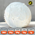 A Buffin Muffin in Tres Leches with smooth white frosting sits by nutrition facts: 380 calories, 29g protein, 39g carbs, 12g fat, 1g fiber. Ideal pre/post workout treat. A yellow “DISCONTINUED” icon appears in the top right corner.