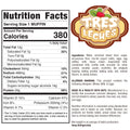Nutrition label for Buffin Muffin Tres Leches snack: 380 calories per serving, full ingredients, allergen info wheat, milk, eggs, and a Tres Leches logo with dripping icing and cherries top right. Enjoy many delicious flavors.