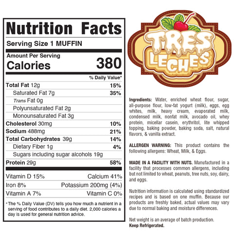 Nutrition label for Buffin Muffin Tres Leches snack: 380 calories per serving, full ingredients, allergen info wheat, milk, eggs, and a Tres Leches logo with dripping icing and cherries top right. Enjoy many delicious flavors.