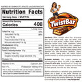 Nutrition label for Buffin Muffin - TwistBar’s chocolate caramel protein muffin, with 408 calories per serving, ingredient list, nutrition facts, allergen info, and a cartoon woman in workout gear next to the TwistBar logo—a high-protein dessert.