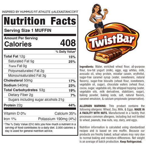 Nutrition label for Buffin Muffin - TwistBar’s chocolate caramel protein muffin, with 408 calories per serving, ingredient list, nutrition facts, allergen info, and a cartoon woman in workout gear next to the TwistBar logo—a high-protein dessert.