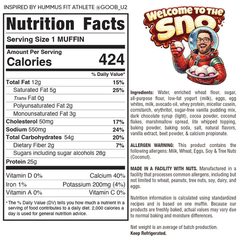 Buffin Muffin nutrition label lists calories, fat, carbs, protein, ingredients, and allergens. Next to it: a cartoon muffin hero with a "Welcome to the Sno" sign. Try Buffin Muffin’s delicious variety of flavors.