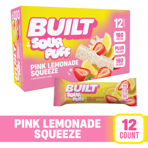 BUILT Sour Puff Pink Lemonade Squeeze packaging and bar