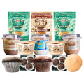 An assortment of Campire Smore’s Bundle packaged snacks—featuring muffin cups, brownies, cookies, spreads, oats cereal bars, and protein poppers in green and brown labeled bags—are neatly arranged together on a white background.