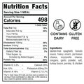 Nutrition facts label shows 498 calories per meal, with fat, cholesterol, sodium, carbs, protein vitamins info. Gluten Free Carbonara Chicken is high-protein and classic Italian comfort food. Ingredients listed; “Contains Dairy.”.