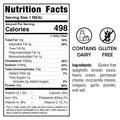 Nutrition facts label for Gluten Free Carbonara Chicken Subscription: 498 calories/serving, fat, cholesterol, sodium, carbs, vitamins. Shows gluten-free and dairy icons, ingredients list, and "Gluten Free Carbonara" text included.