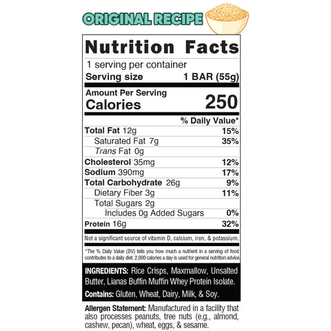 Buff Cereal Bar Original Recipe: 250 calories per bar, 12g fat, 26g carbs, and 6g protein. Made with rice, whey, butter, gluten, wheat, dairy, milk soy—ideal for a pre-workout energy boost.