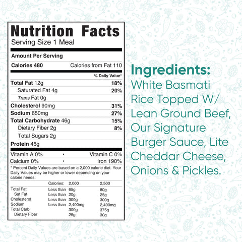 Cheeseburger Bowl: Gluten-free, with white basmati rice and beef. 480 calories, 45g protein. Comes with burger sauce, lite cheddar cheese, onions, and pickles for a delicious meal.