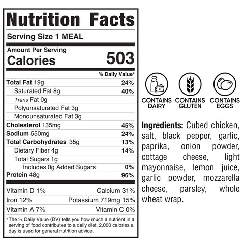 Cheesy Garlic Chicken Wrap: 503 calories per serving. Contains dairy, gluten, and eggs. Made with chicken, spices, cheese, mayonnaise, lemon juice, and a whole wheat wrap.