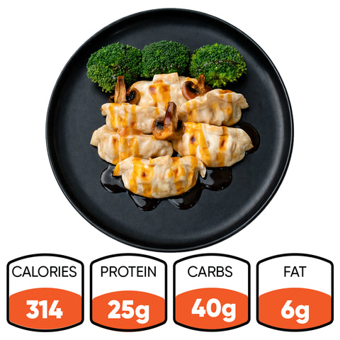 Chicken Mushroom Pot Stickers served on a black plate with sauce, mushrooms, and broccoli. Nutritional info below: 314 calories, 25g protein, 40g carbs, 6g fat.
