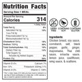 Nutrition facts label for Chicken Mushroom Pot Stickers: 314 calories per serving. Symbols show it’s dairy-free, contains soy, and contains gluten. Made with chicken breast, vegetables, and sauces for a delicious teriyaki-inspired meal.