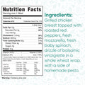 Nutrition facts label for Grilled Chicken Pesto Wrap: 410 calories, includes fat, sodium, carbs, and protein details. Made with grilled chicken breast, roasted red peppers, mozzarella, spinach, balsamic vinaigrette in a whole wheat wrap.