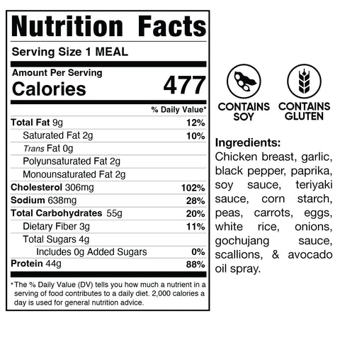 Chicken Stir Fry: 477 calories, 44g protein, 9g fat, and 45g carbs per serving. This healthy meal prep features chicken, veggies, eggs, soy, and gluten for a high-protein option.