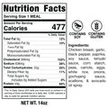 Nutrition Facts label for Chicken Stir Fry, a high-protein meal with 477 calories per serving. Contains soy and gluten. Made with chicken, vegetables, spices, soy sauce, eggs, and avocado oil. Net weight: 14oz.