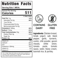 The Chicken Tikka Masala nutrition label shows 511 calories per serving, with details on fats, cholesterol, sodium, carbs, protein, vitamins, and minerals. Gluten free and contains dairy icons are shown. Ingredients are listed on the right.