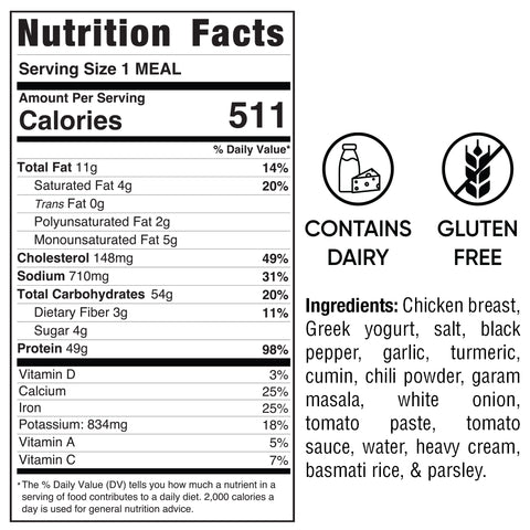 The Chicken Tikka Masala nutrition label shows 511 calories per serving, with details on fats, cholesterol, sodium, carbs, protein, vitamins, and minerals. Gluten free and contains dairy icons are shown. Ingredients are listed on the right.