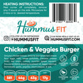 Food packaging for Chicken Veggies Burger—a high-protein meal—includes nutrition facts, ingredients, allergy icons, social media handles, barcode, and heating instructions on a green and white background. Perfect for meal prep.