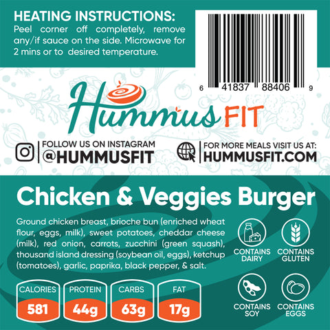 Food packaging for Chicken Veggies Burger—a high-protein meal—includes nutrition facts, ingredients, allergy icons, social media handles, barcode, and heating instructions on a green and white background. Perfect for meal prep.