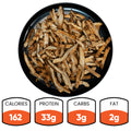 A black plate with Chipotle Chicken 1lb Competition Approved strips, ideal for meal prep. Nutrition: 162 calories, 33g protein, 3g carbs, and 2g fat—making it a healthy dinner choice.