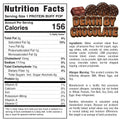 Nutrition label for Protein Buff Pops - Death By Chocolate, displaying information on calories, fat, carbohydrates, protein content, ingredients list, allergens, and warnings. The image features chocolate cake-inspired desserts alongside the product name “Protein Buff Pops - Death By Chocolate” in bold, stylized font—the ideal grab-and-go snack for a protein-packed treat.