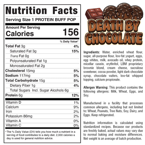 Nutrition label for Protein Buff Pops - Death By Chocolate, displaying information on calories, fat, carbohydrates, protein content, ingredients list, allergens, and warnings. The image features chocolate cake-inspired desserts alongside the product name “Protein Buff Pops - Death By Chocolate” in bold, stylized font—the ideal grab-and-go snack for a protein-packed treat.