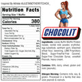 A nutrition label for VIP Buffin Muffin ChocoLIT displays 380 calories per serving. A fit woman flexes beside the label, emphasizing this guilt-free treat. Ingredients and allergen info are shown to the right.
