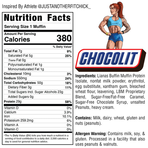 A nutrition label for VIP Buffin Muffin ChocoLIT displays 380 calories per serving. A fit woman flexes beside the label, emphasizing this guilt-free treat. Ingredients and allergen info are shown to the right.