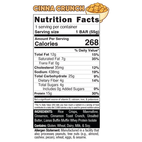 Nutrition facts label for Cinna Crunch Buff Cereal Bar. Serving size: 1 bar 55g, 268 calories. Includes fat, cholesterol, sodium, carbs, sugars, protein, vitamins, allergens ingredients. Brown/white design—great post-workout.