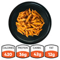 A black plate of The Clean Bulk Pasta Bowl—healthy pasta with sauce and herbs—is shown. Nutrition per bowl: 420 calories, 36g protein, 42g carbs, and 12g fat. A perfect high-protein meal prep for balanced eating.
