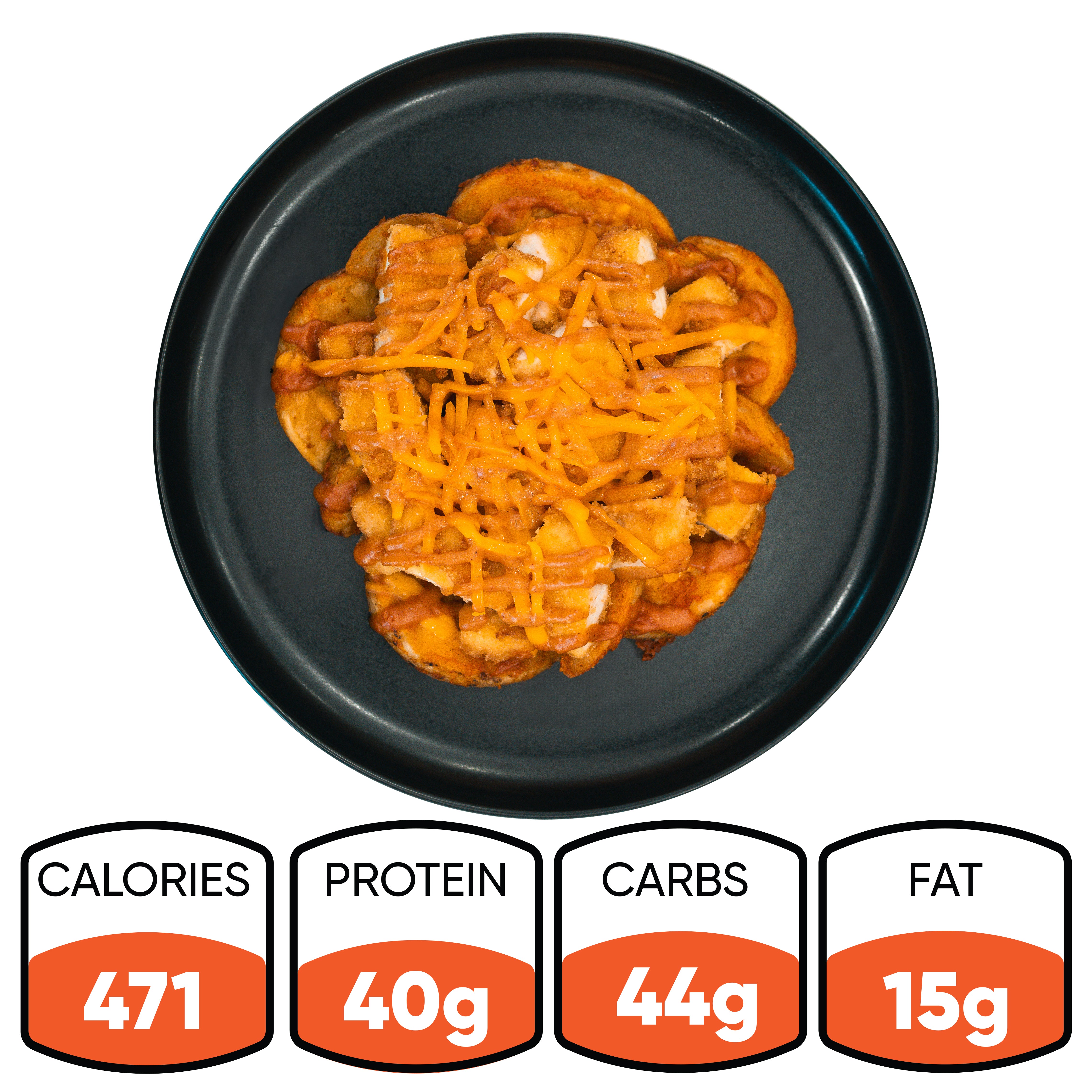 A black plate holds the Closed on Sunday Crispy Chicken Bowl, topped with shredded cheese. Nutrition facts: 471 calories, 40g protein, 44g carbs, and 15g fat—ideal for a high-protein meal or macro-friendly lunch.