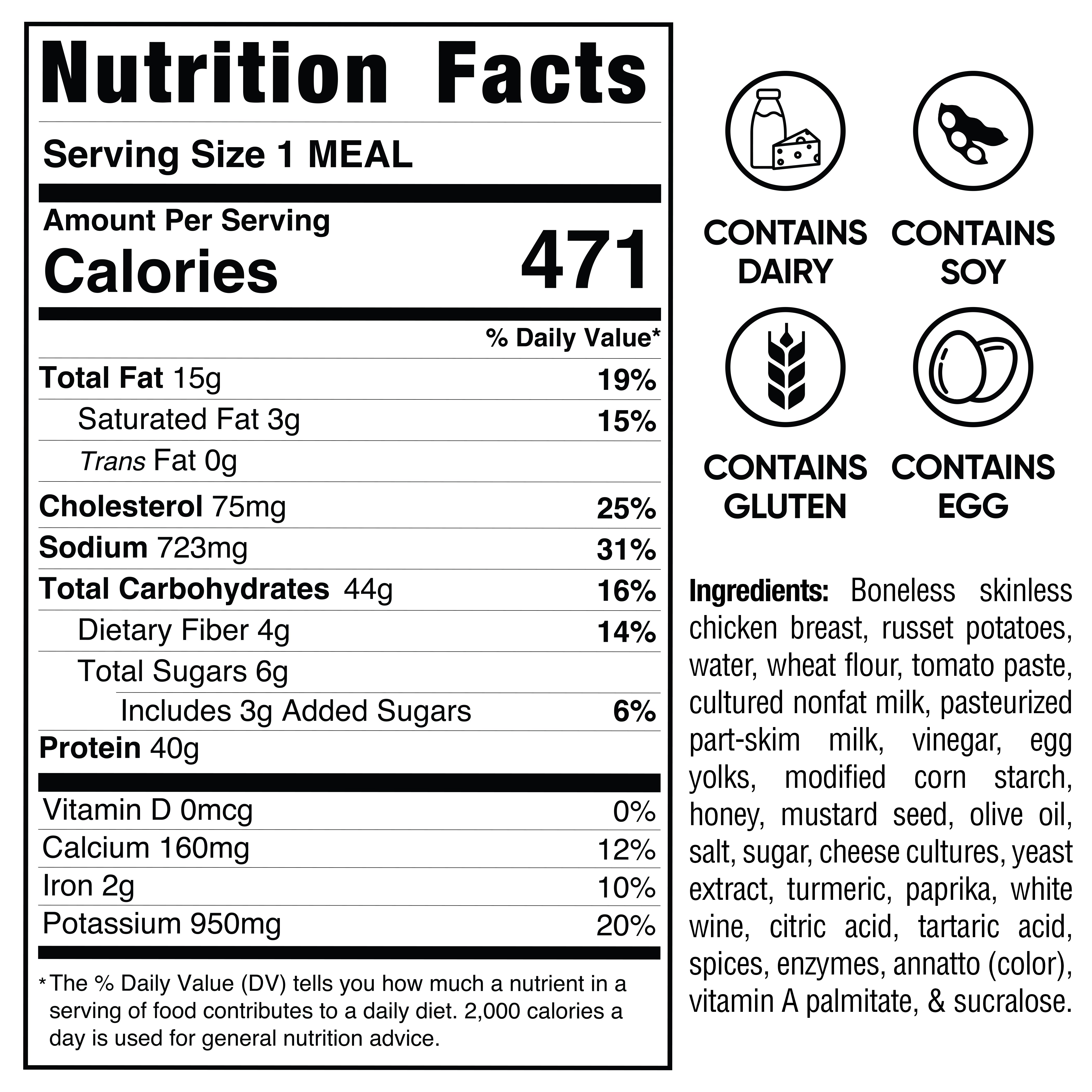 Nutrition facts for Closed on Sunday Crispy Chicken Bowl: 471 calories, 19g fat, 14g carbs per serving. Ingredient list included. Contains dairy, soy, egg; gluten-free—ideal as a macro-friendly, high-protein lunch option.
