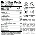 Nutrition facts label for the "Closed on Sunday" Crispy Chicken Bowl: 471 calories per serving, with details on fat, cholesterol, sodium, carbs, and protein. Icons show dairy, soy, gluten, and egg. Full ingredients list provided.