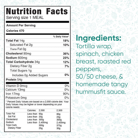 The Club Wrap nutrition facts label shows 470 calories per meal. This high-protein wrap includes a tortilla, spinach, chicken breast, roasted red peppers, 50/50 cheese, and homemade tangy hummusfruit sauce for easy meal prep.