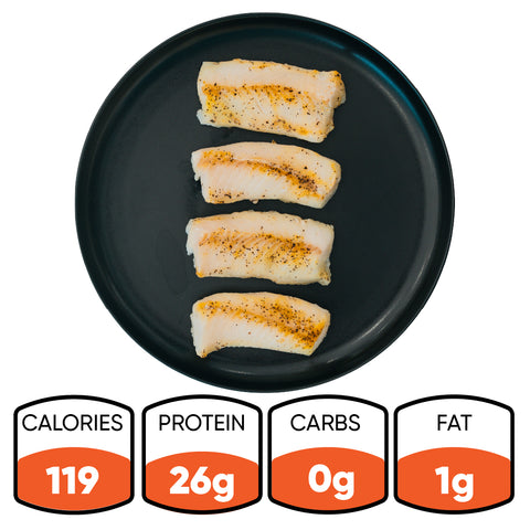 Enjoy Competition Approved Oven Baked Cod 1lb—oven baked, pepper-seasoned, and ideal for meal prep. Just 119 calories, 26g protein, 0g carbs, and 1g fat per serving.