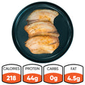 Three Baked Herbed Tilapia 1lb Competition Approved fillets on a black plate—ideal for meal prep or weight loss: 218 calories, 44g protein, 0g carbs, and 4.5g fat.