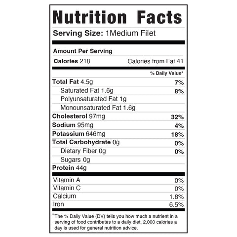 Great for meal prep and weight loss, Baked Herbed Tilapia 1lb Competition Approved provides 218 calories, 4.5g fat, 95mg sodium, 0g carbs, and 44g protein per medium filet—plus iron and calcium, with no vitamin A or C.