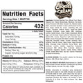 Nutrition label and ingredients list for Cookies and Cream Crunch displaying 432 calories per muffin, along with information on fat, cholesterol, carbohydrates, allergens, vitamins, and a comprehensive breakdown of ingredients in black and white text. This high-protein dessert offers a deliciously satisfying treat with a blend of cookies cream protein and rich black cocoa cake flavors.
