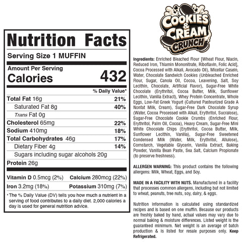 Nutrition label and ingredients list for Cookies and Cream Crunch displaying 432 calories per muffin, along with information on fat, cholesterol, carbohydrates, allergens, vitamins, and a comprehensive breakdown of ingredients in black and white text. This high-protein dessert offers a deliciously satisfying treat with a blend of cookies cream protein and rich black cocoa cake flavors.