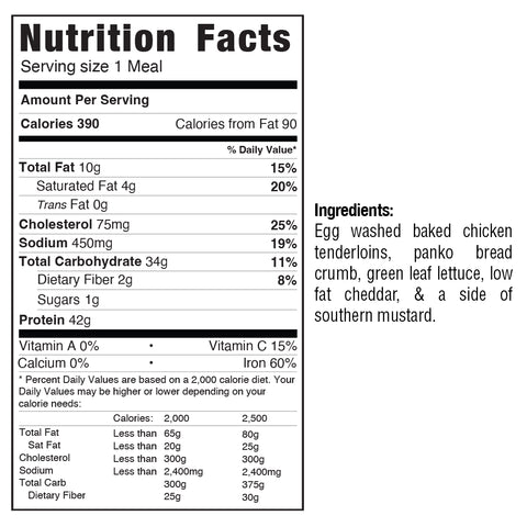 The Nutrition Facts label for the Crispy Baked Chicken Wrap lists calories, fat, carbs, and protein per serving. Its ingredients include chicken tenderloins, panko, lettuce, cheddar cheese, and wheat bread—a high-protein lunch option.