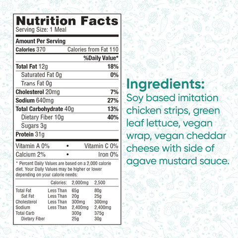 Crispy Vegan Wrap provides 370 calories, 12g fat, 40g carbs, 640mg sodium, and 31g protein per serving—a tasty vegan lunch option made with soy imitation chicken and packed with protein and fiber.