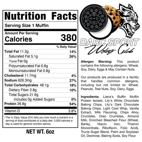 Nutrition facts label for Buffin Muffin VIP - Darc Sport Double Cookie, perfect for post-workout or high-protein breakfast. Features ingredients, allergen info, full nutrition details, and Wolves Club logo at the top right.