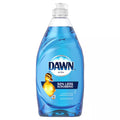 A clear plastic bottle of Dish Soap-Cleaning holds blue soap. The 532 mL 18 fl oz bottle features a yellow duckling and a label that says "50 less scrubbing.