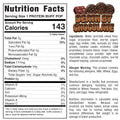 Nutrition facts for Protein Buff Pops - Death By Chocolate protein bar include calories, fat, carbohydrates, protein, vitamins, and minerals. All ingredients and allergen information are clearly listed. Ideal for on-the-go snacking or as a chocolate cake-inspired indulgence. The top right displays a graphic logo with the product name.