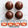 Four round Protein Buff Pops - Death By Chocolate on a white surface—perfect for a grab-and-go treat. Nutrition facts per pop: 156 calories, 6g protein, 15g carbs, and 3g fat.