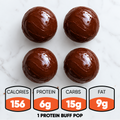 Four round, chocolate Protein Buff Pops - Death By Chocolate arranged in a square above a nutritional chart listing 156 calories, 6g protein, 15g carbs, and 9g fat per serving.