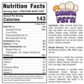 Nutrition facts label and ingredients for Protein Buff Pops – Dunk a Fetti, a high-protein snack with buffin-style macros, highlighting calories, fat, protein content, essential vitamins, and allergens including milk, wheat, eggs, and soy. Features a colorful vanilla cake popper-inspired “Dunk a Fetti” logo in the upper right corner.