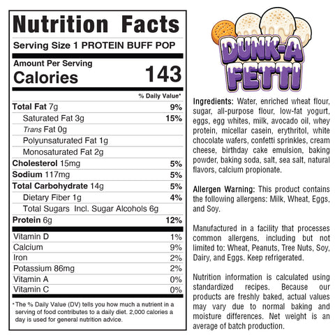Nutrition facts label and ingredients for Protein Buff Pops – Dunk a Fetti, a high-protein snack with buffin-style macros, highlighting calories, fat, protein content, essential vitamins, and allergens including milk, wheat, eggs, and soy. Features a colorful vanilla cake popper-inspired “Dunk a Fetti” logo in the upper right corner.