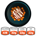 A black plate holds the Everything But the Bagel Burger bowl, topped with white sauce and brown drizzle, plus orange bites. Nutrition: 418 calories, 32g protein, 22g carbs, 22g fat.