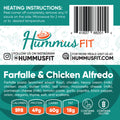 The Farfalle Chicken Alfredo food packaging highlights its high-protein pasta, heating instructions, nutrition facts, ingredients, social media and website info, plus icons showing it's a ready-to-heat meal that contains gluten and is high in protein.